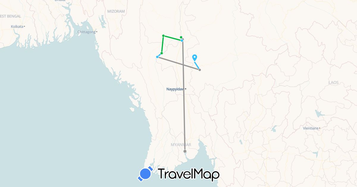 TravelMap itinerary: driving, bus, plane, boat in Myanmar (Burma) (Asia)